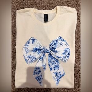 Cream Shirt with Blue Floral Bow